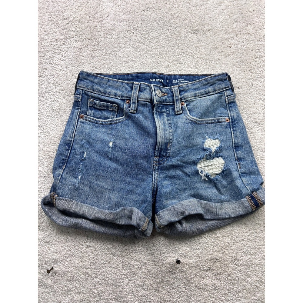 Old Navy Women's OG Straight Denim Shorts 0 High Rise 3in Cuffed Distressed